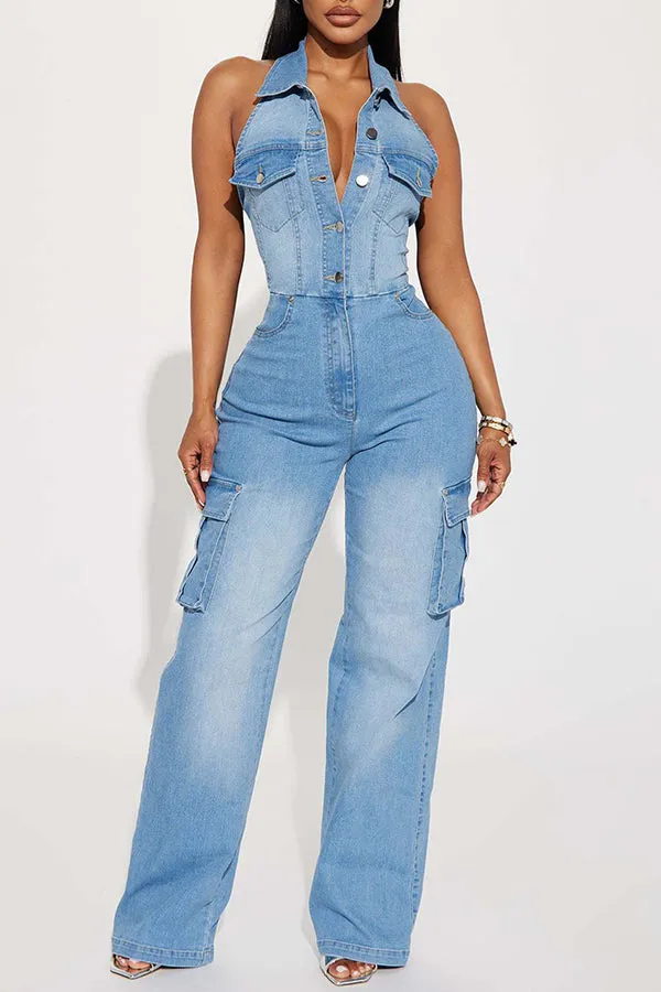 Stylish Denim Flap Pocket Jumpsuit