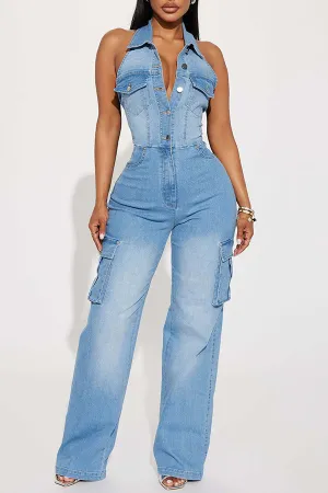 Stylish Denim Flap Pocket Jumpsuit