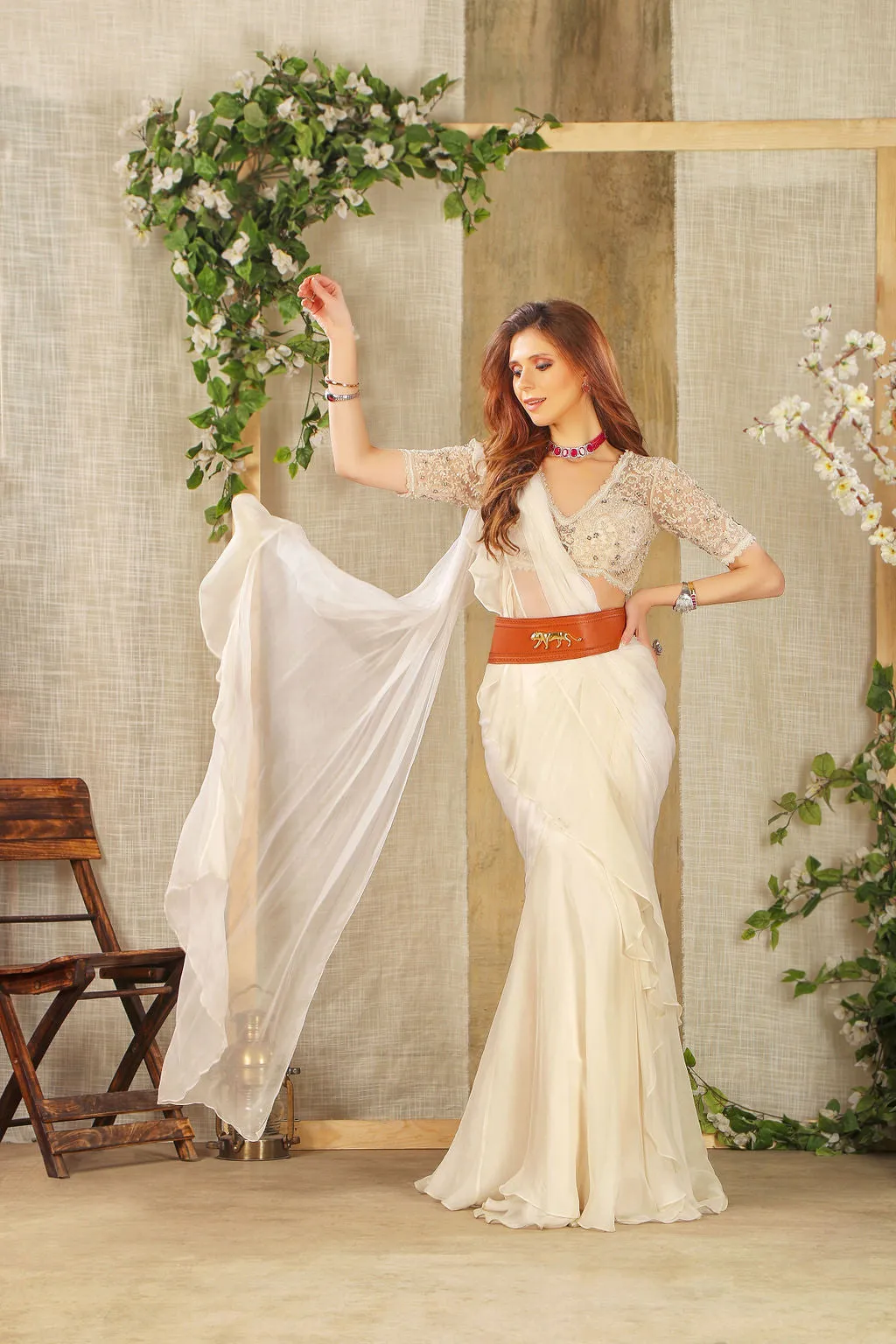 Stylish drape Ivory Saree