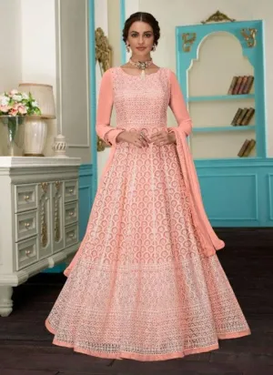 Stylish Light Orange Embroidered Gown