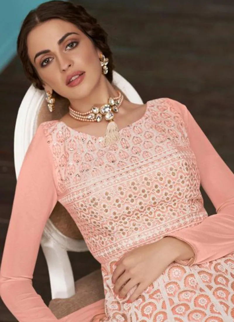 Stylish Light Orange Embroidered Gown