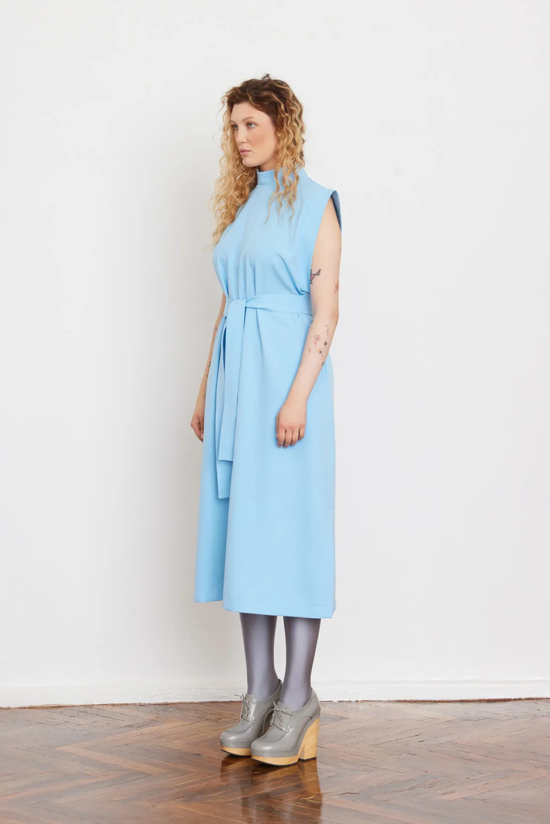 Stylish Straight Dress With Belt Light Blue
