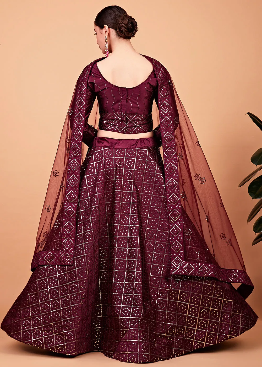 Superb Wine Multi Thread & Sequins Bridesmaid Lehenga