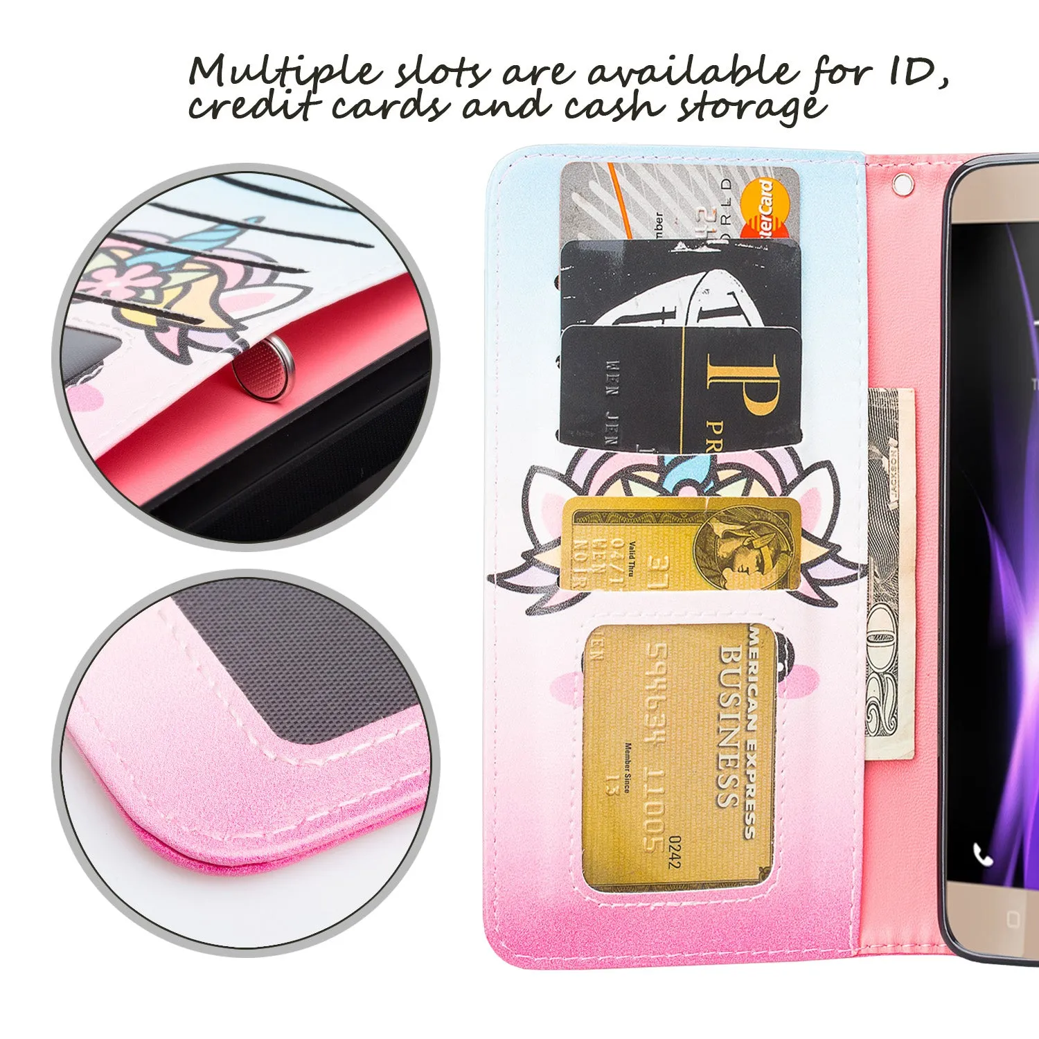 T-mobile REVVL  Plus, Coolpad REVVL Plus Case, Slim Flip [Kickstand] Pu Leather Wrist Strap Wallet Cover with Card Slots - White Unicorn