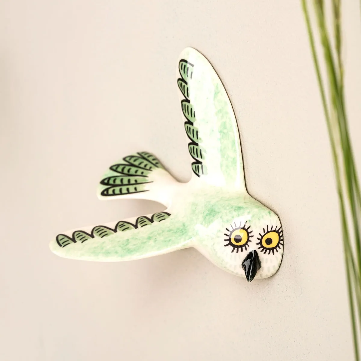 Wall-Mounted Handmade Ceramic Flying Owl Trio in Jade Green