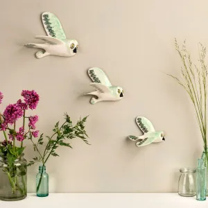 Wall-Mounted Handmade Ceramic Flying Owl Trio in Jade Green