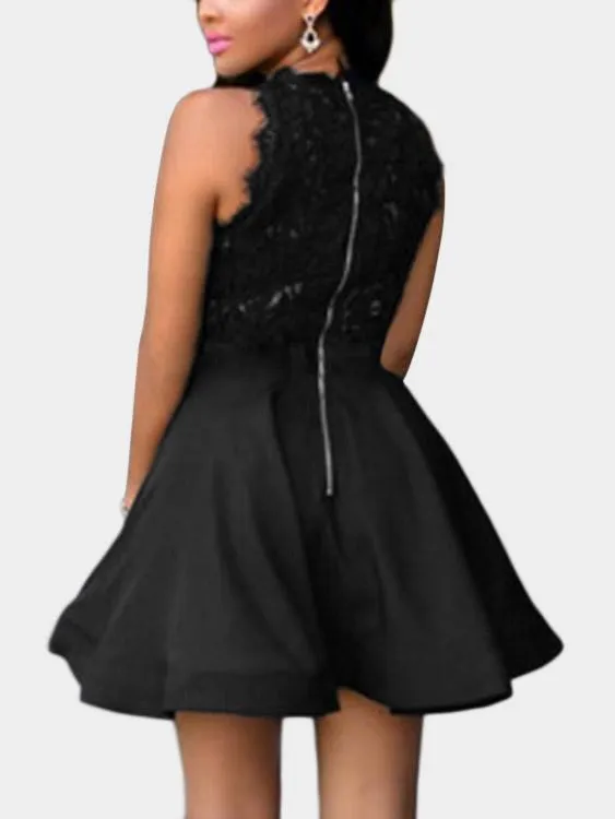 Wholesale Black Round Neck Sleeveless Embroidered Lace Zip Back Flounced Hem Mini Dresses
