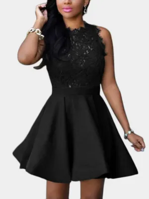 Wholesale Black Round Neck Sleeveless Embroidered Lace Zip Back Flounced Hem Mini Dresses