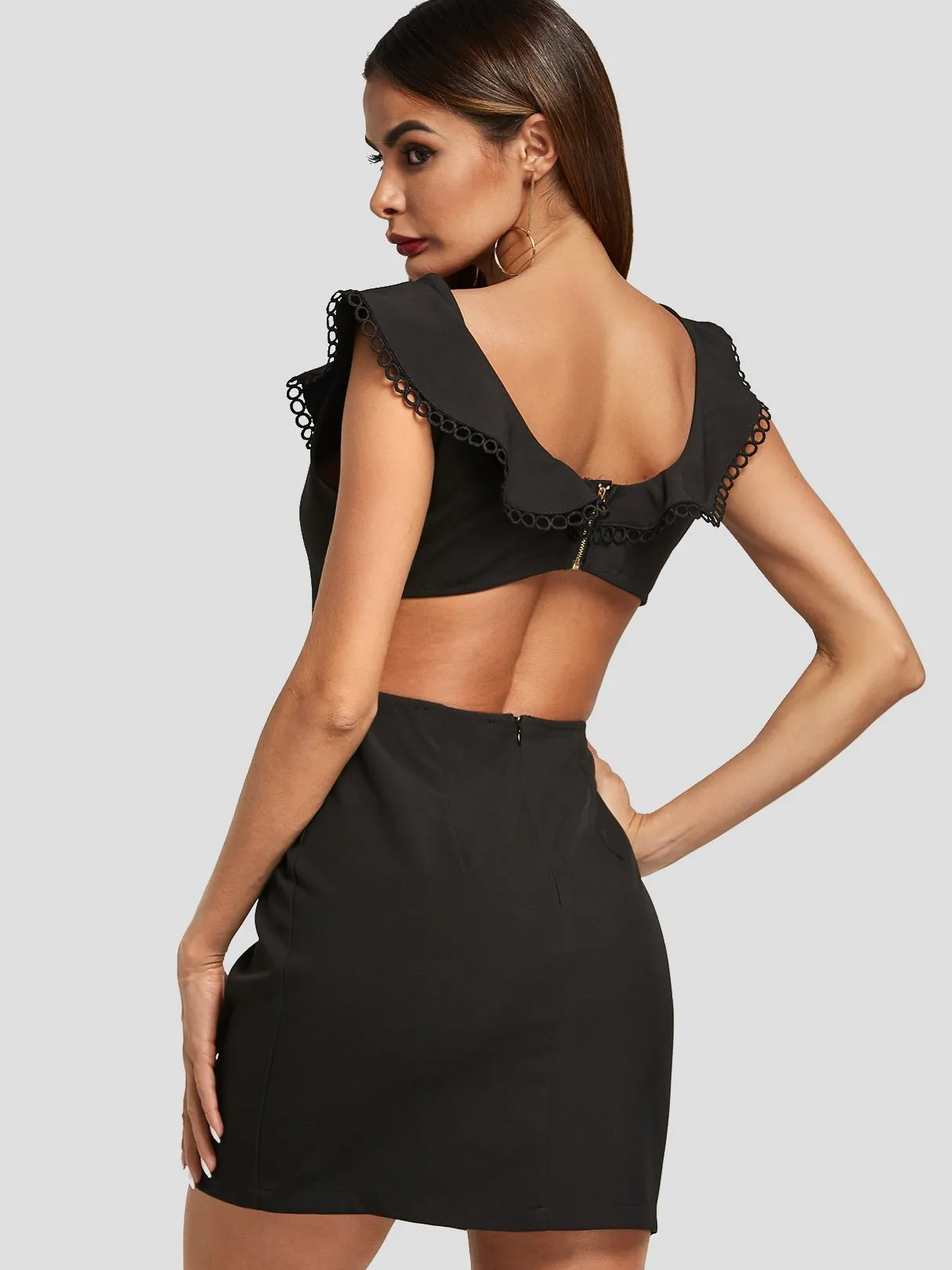 Wholesale Black Scoop Neck Sleeveless Plain Zip Back Backless Hollow Cut Out Mini Dresses