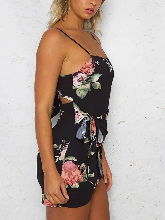 Wholesale Black Square Neck Sleeveless Floral Print Zip Back Backless Lace-Up Slit Hem Mini Dresses