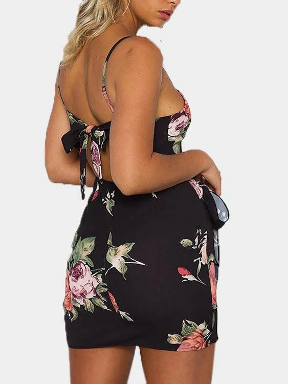 Wholesale Black Square Neck Sleeveless Floral Print Zip Back Backless Lace-Up Slit Hem Mini Dresses