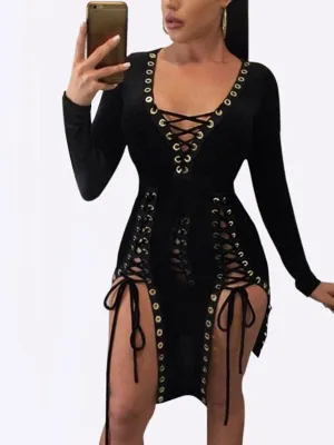 Wholesale Black V-Neck Long Sleeve Lace-Up Cut Out Irregular Hem Mini Dresses