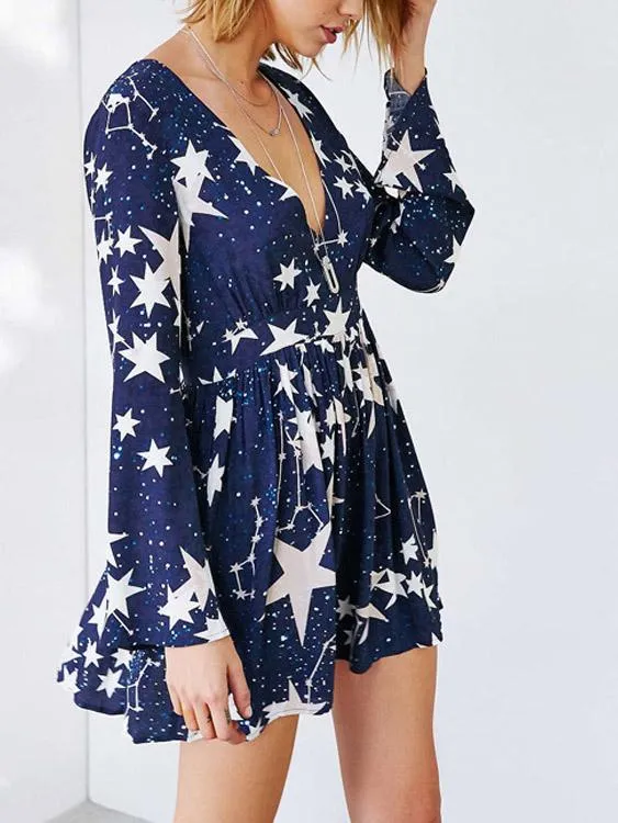 Wholesale Navy V-Neck Long Sleeve Star Mini Dresses