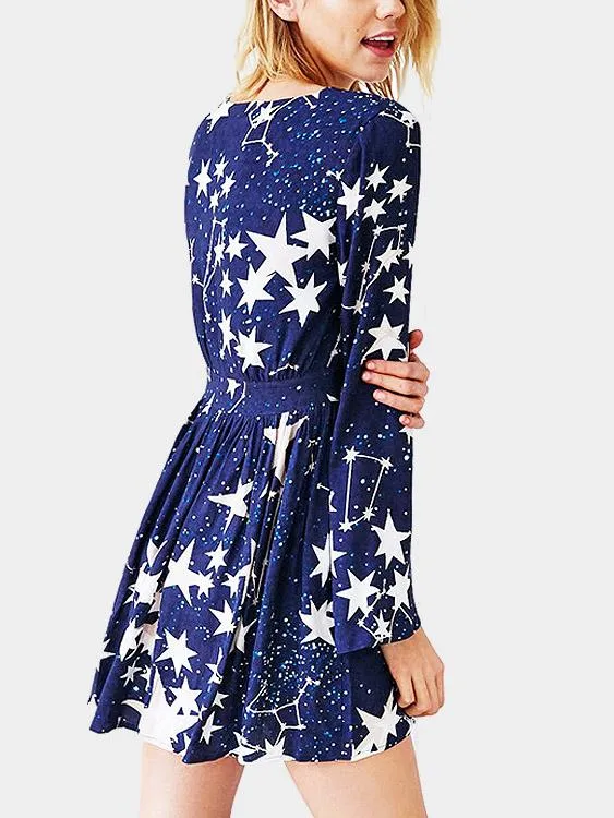 Wholesale Navy V-Neck Long Sleeve Star Mini Dresses