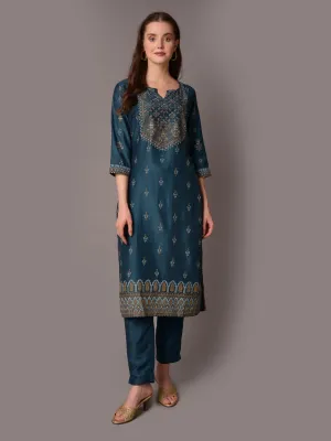 Women Blue Straight Printed Kurta With Trouser