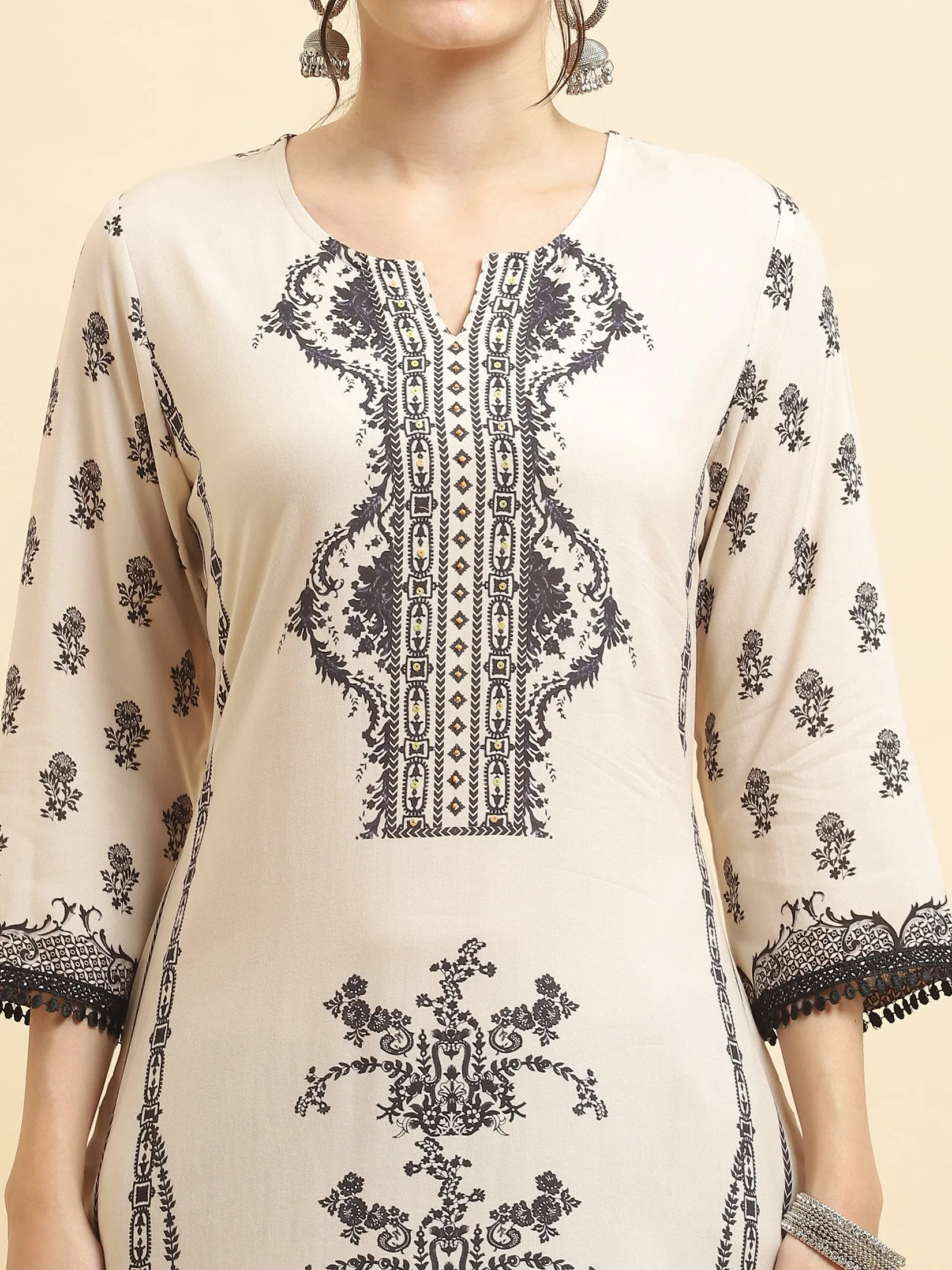 Women Liva Rayon Beige Ornamental Print Kurta Comfort Pant Dupatta