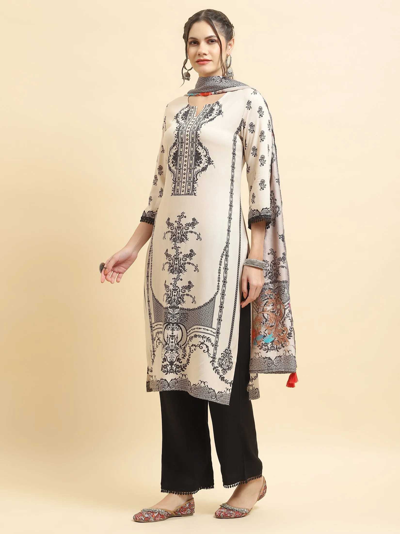 Women Liva Rayon Beige Ornamental Print Kurta Comfort Pant Dupatta