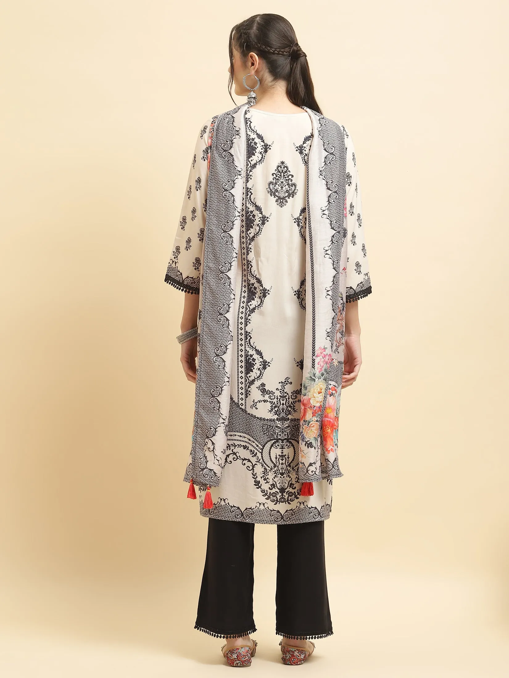 Women Liva Rayon Beige Ornamental Print Kurta Comfort Pant Dupatta