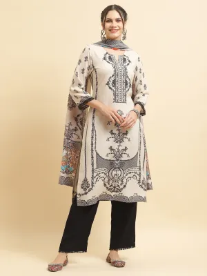 Women Liva Rayon Beige Ornamental Print Kurta Comfort Pant Dupatta