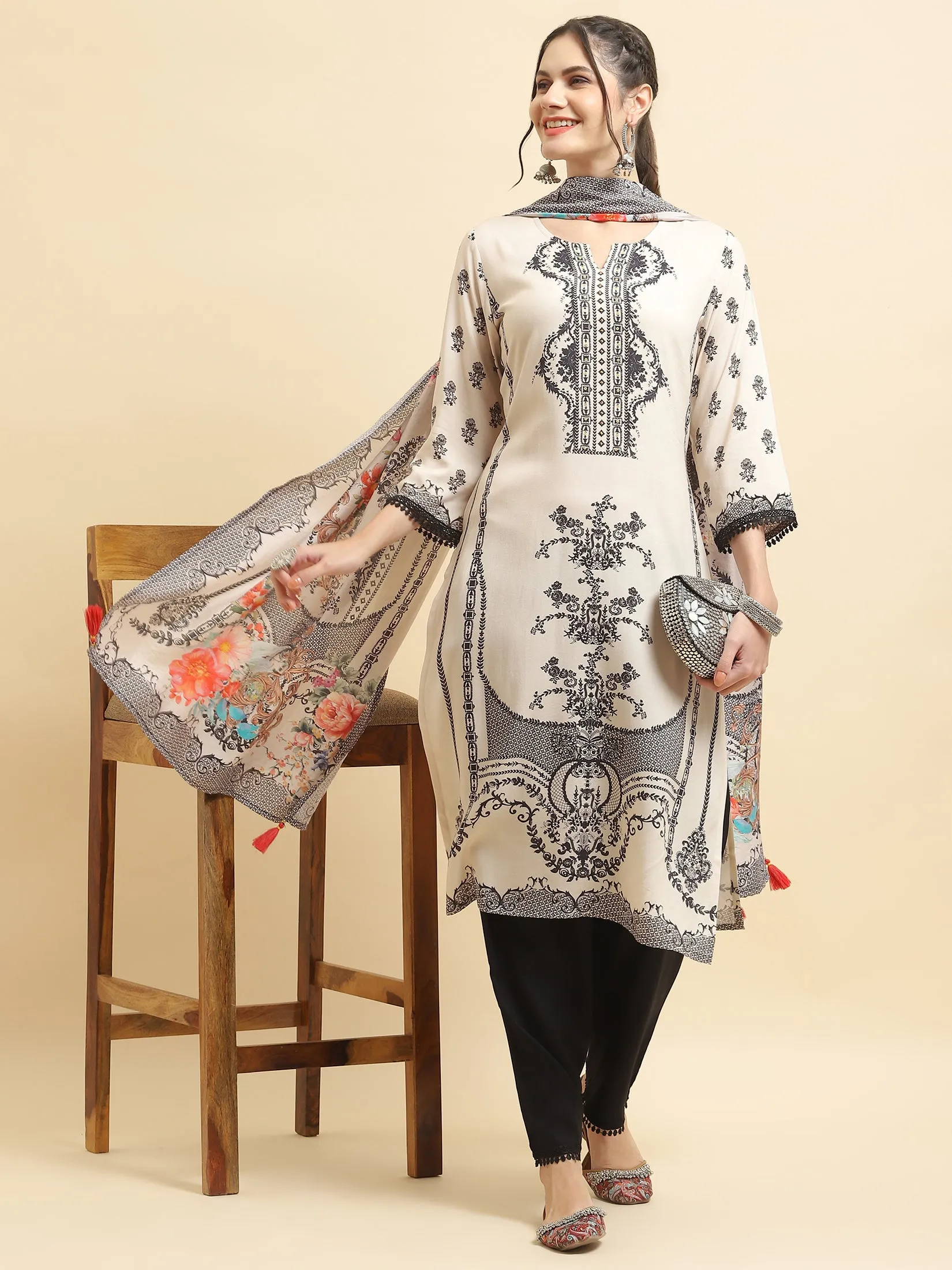 Women Liva Rayon Beige Ornamental Print Kurta Comfort Pant Dupatta