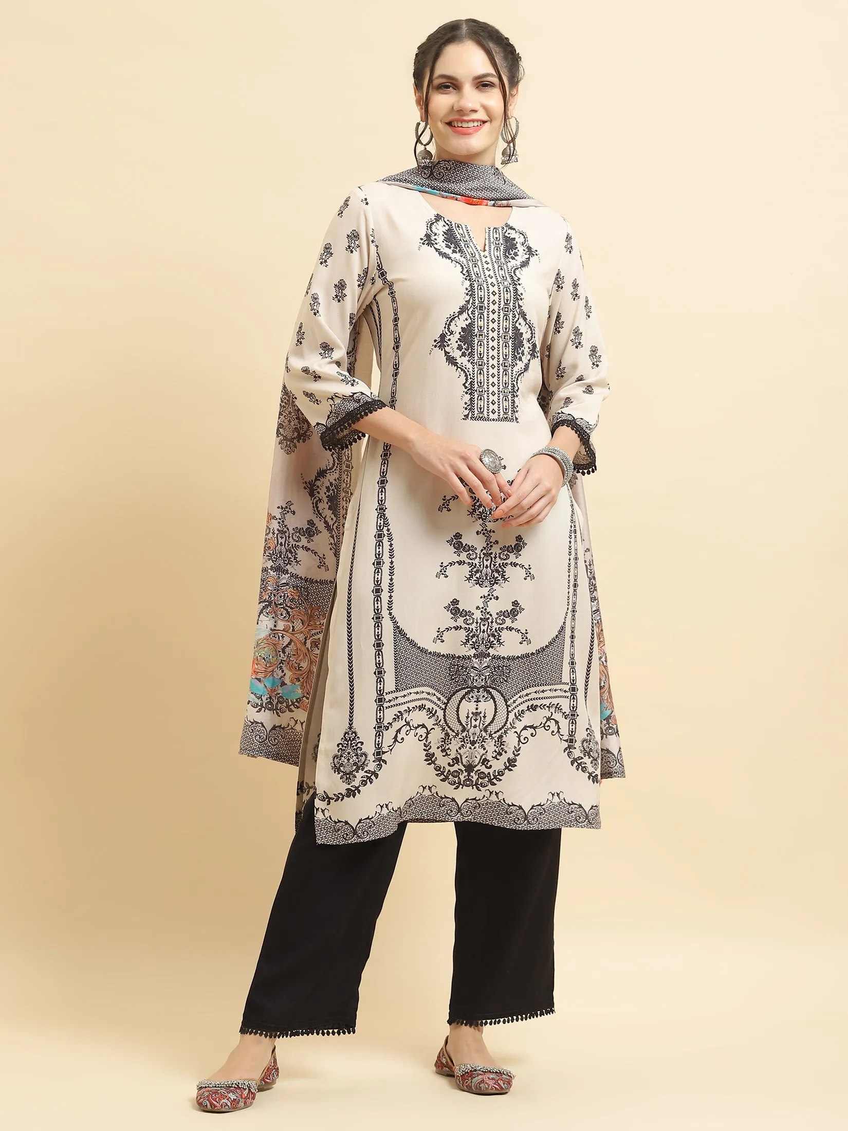 Women Liva Rayon Beige Ornamental Print Kurta Comfort Pant Dupatta