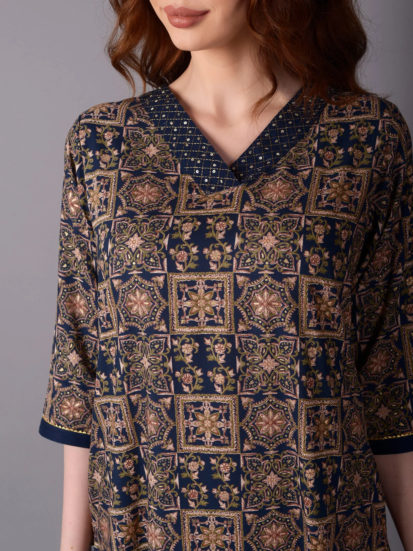 Women Navy Blue Ornamental Printed Kurta