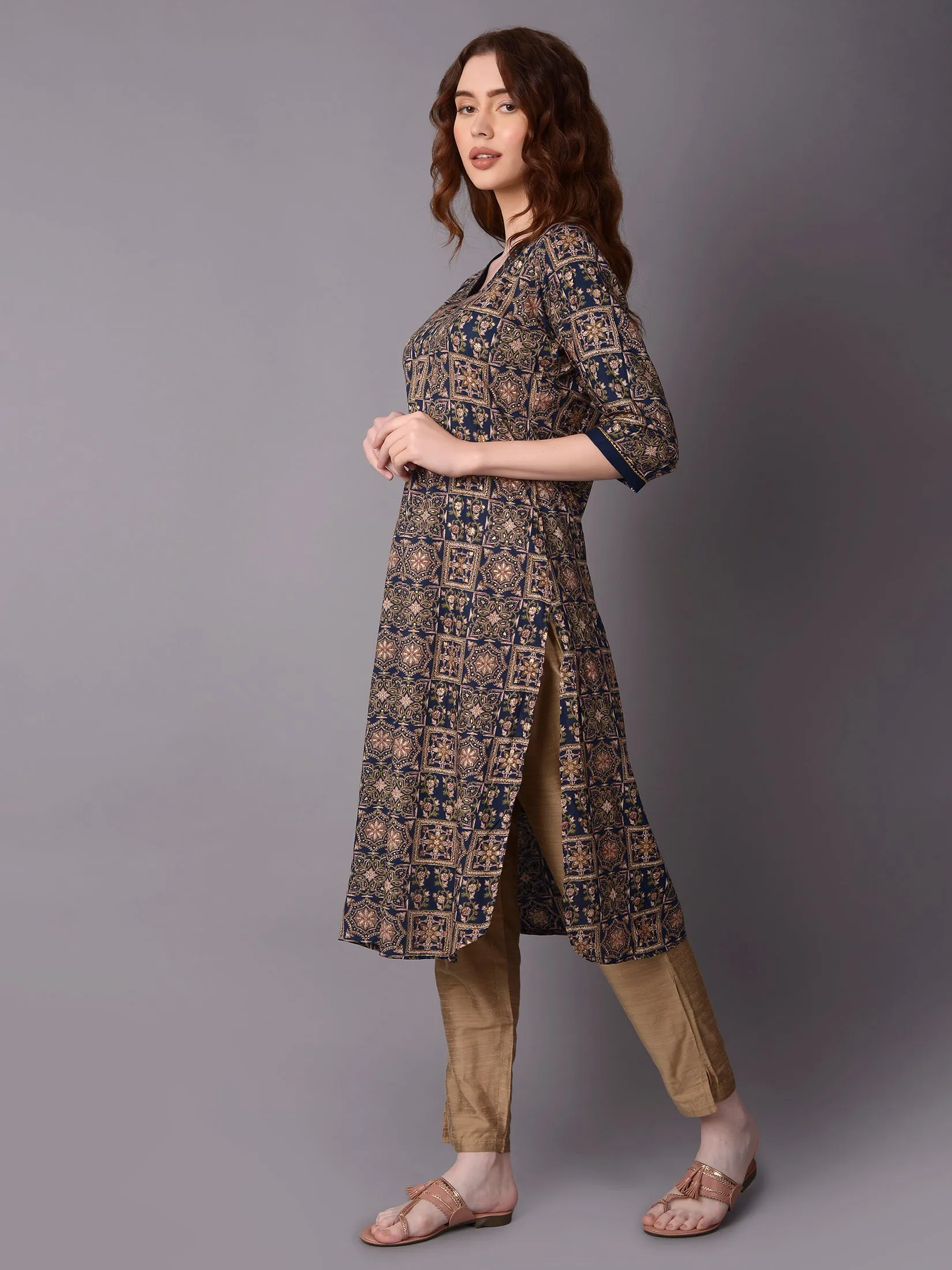 Women Navy Blue Ornamental Printed Kurta