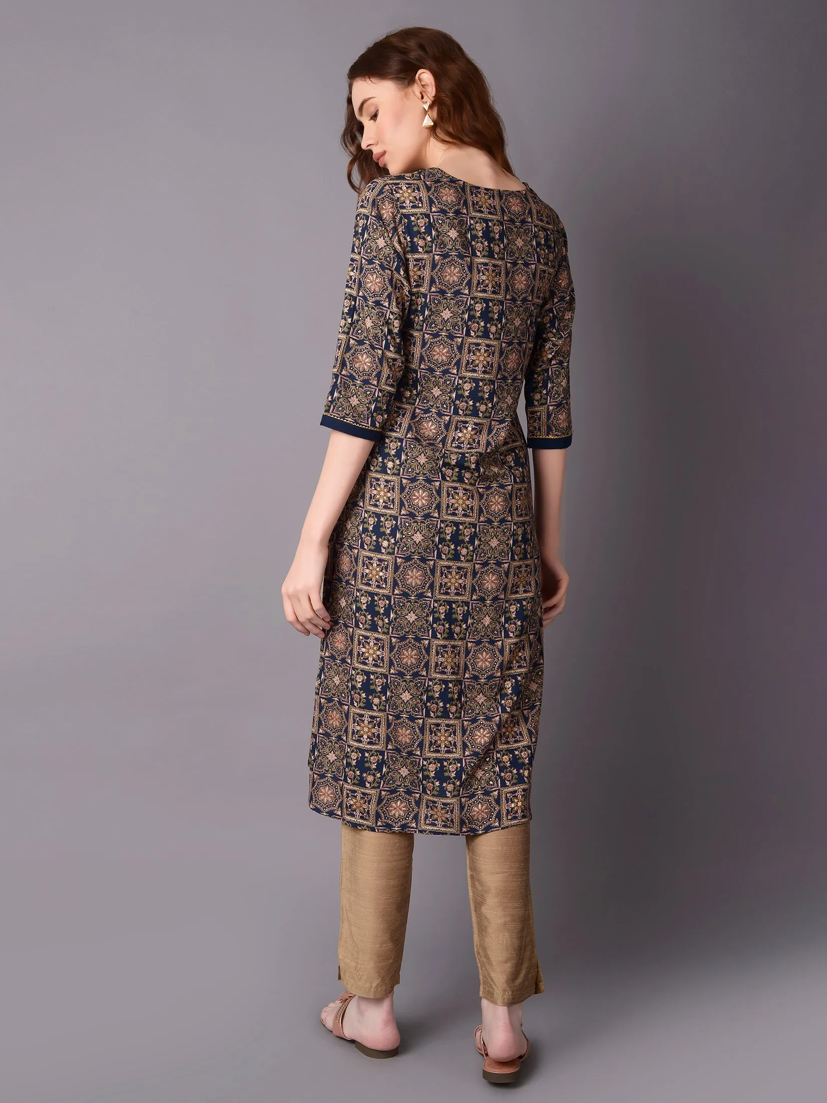 Women Navy Blue Ornamental Printed Kurta