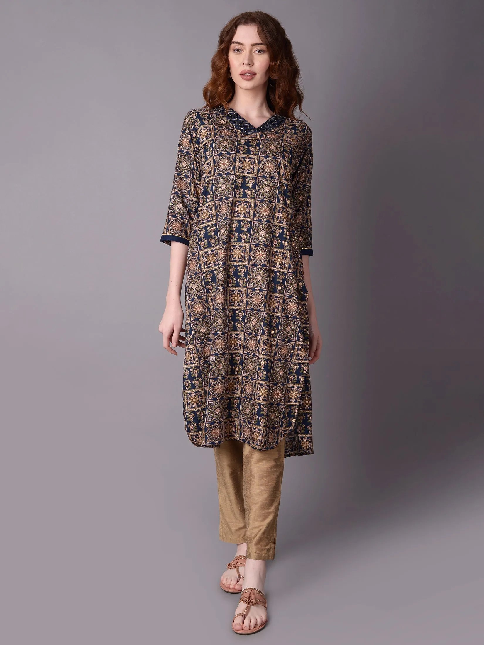 Women Navy Blue Ornamental Printed Kurta