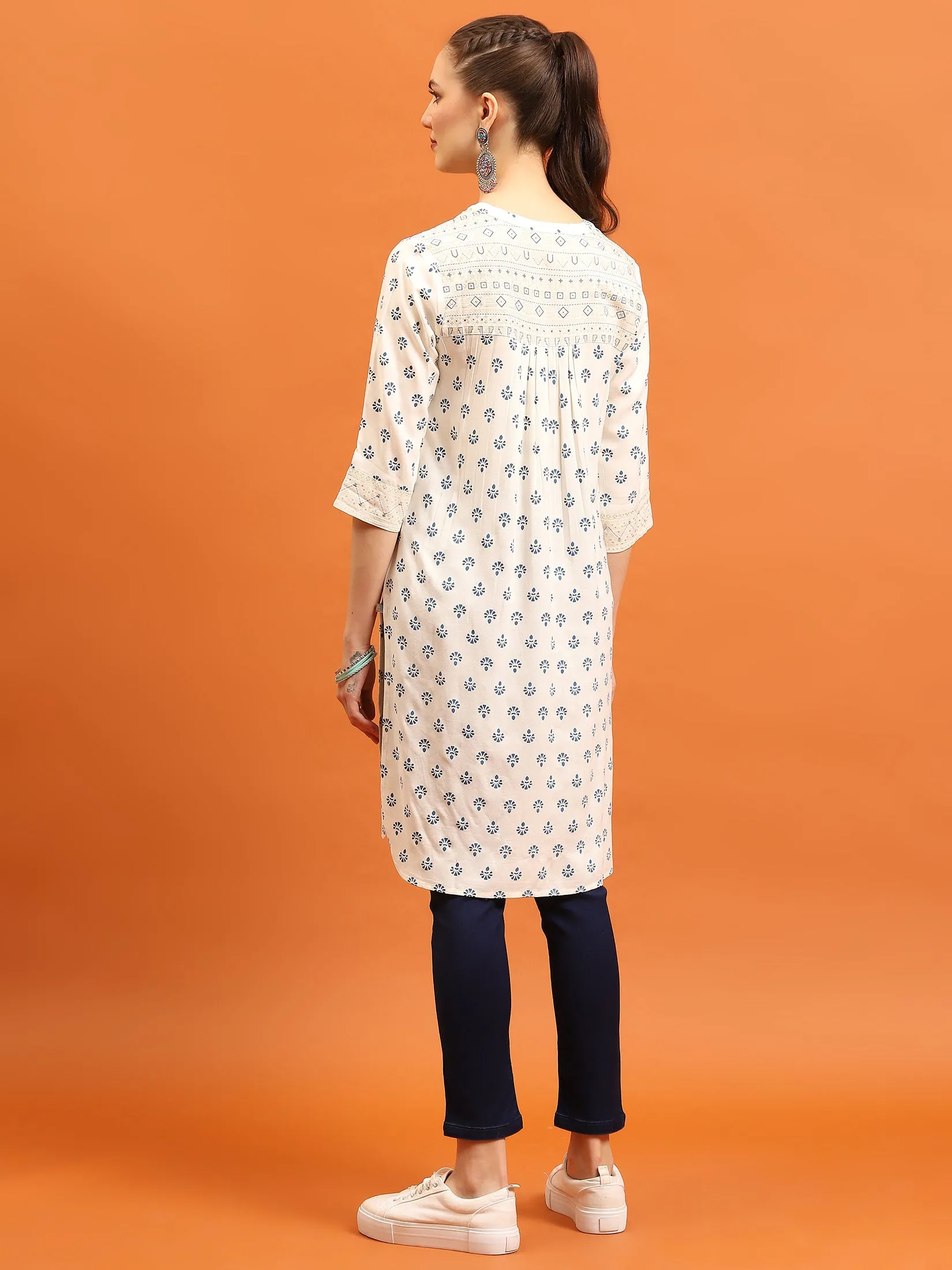 Women Off White Ornamental Printed Kurti