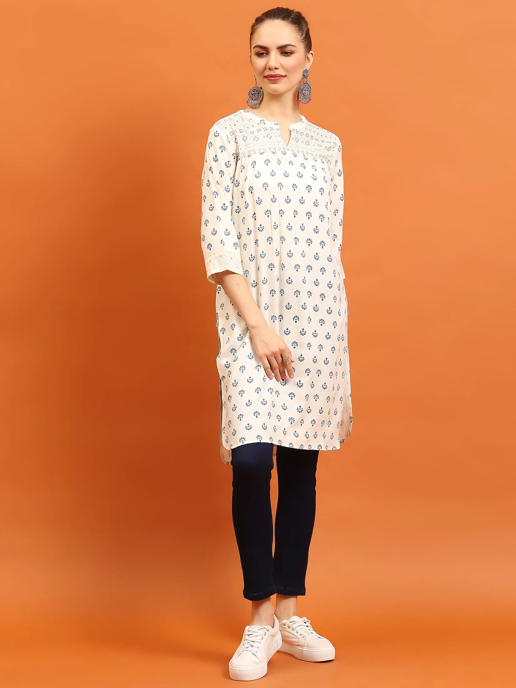 Women Off White Ornamental Printed Kurti