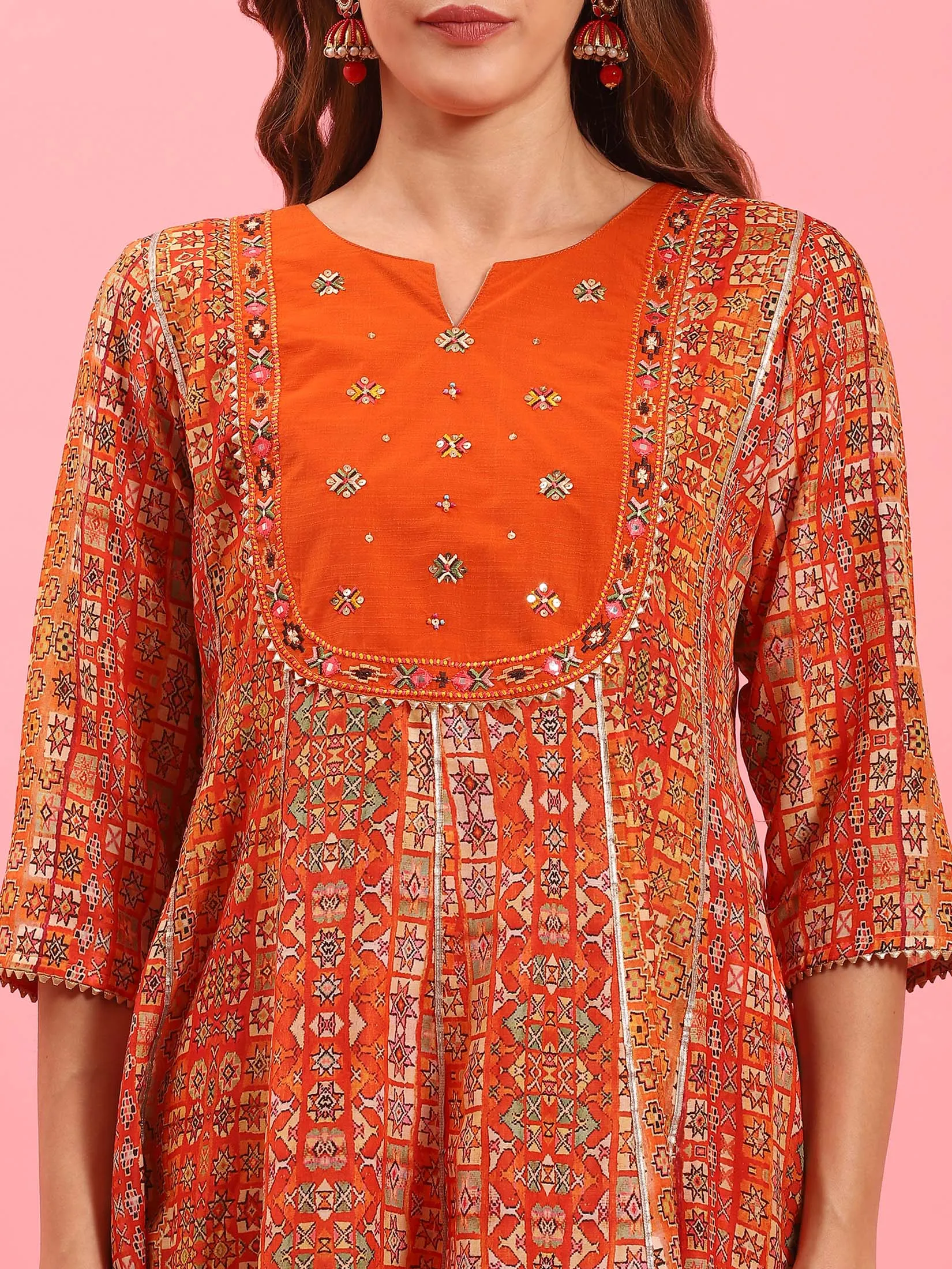 Women Orange Ornamental Printed Kurta Trouser Dupatta