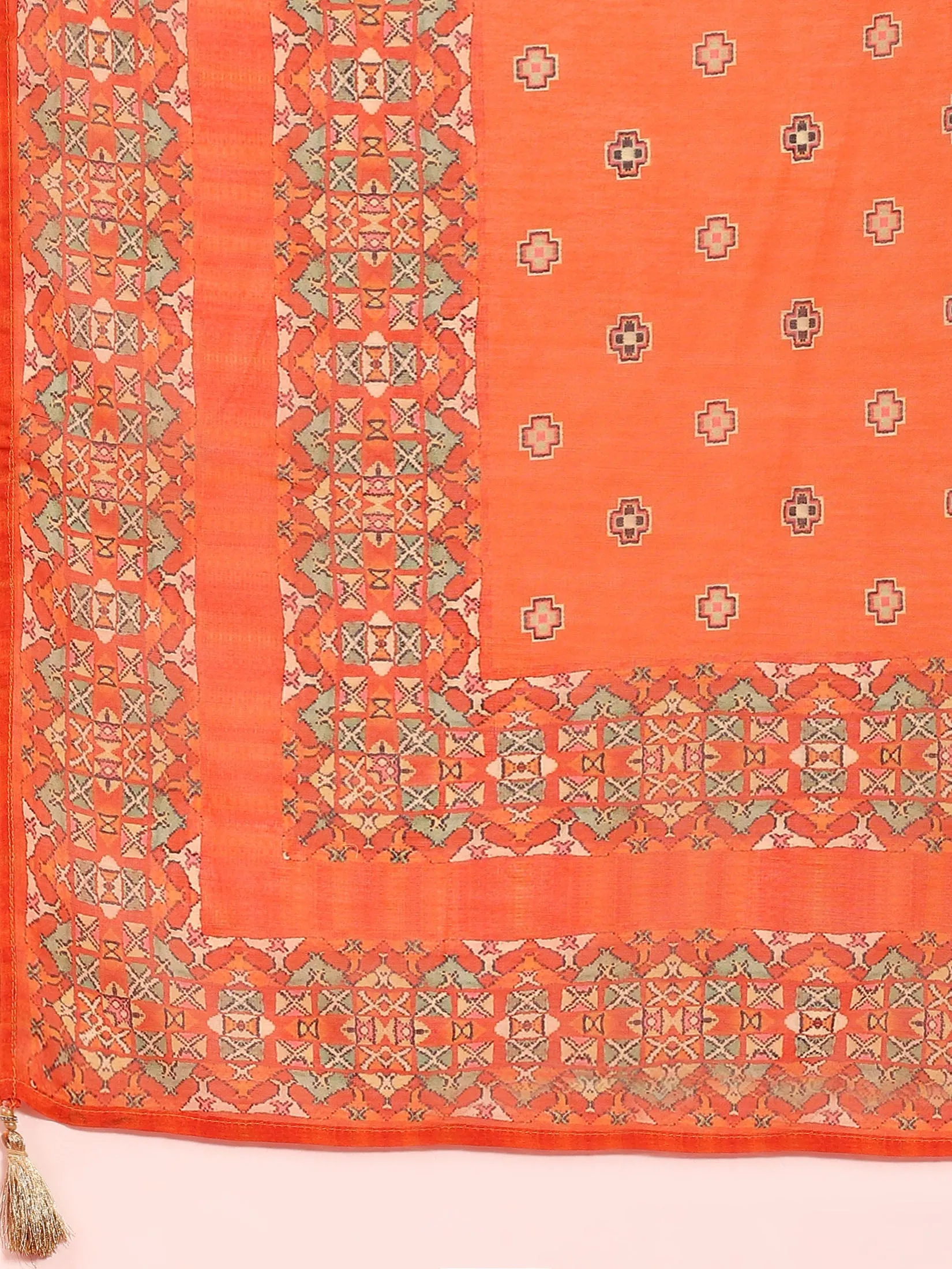 Women Orange Ornamental Printed Kurta Trouser Dupatta