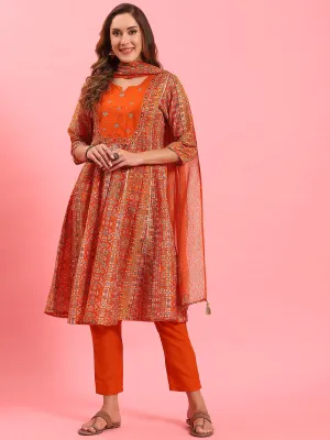 Women Orange Ornamental Printed Kurta Trouser Dupatta