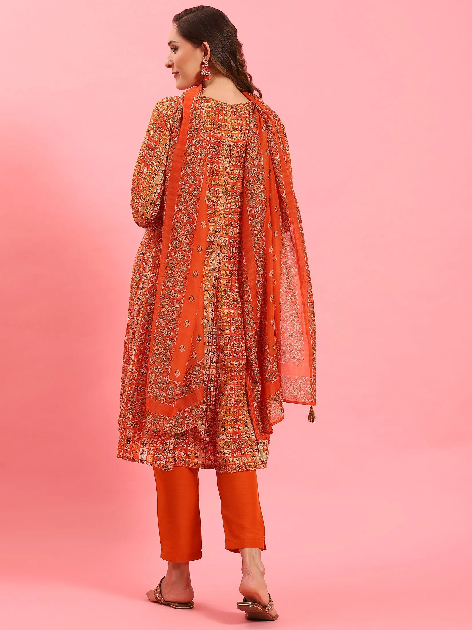 Women Orange Ornamental Printed Kurta Trouser Dupatta
