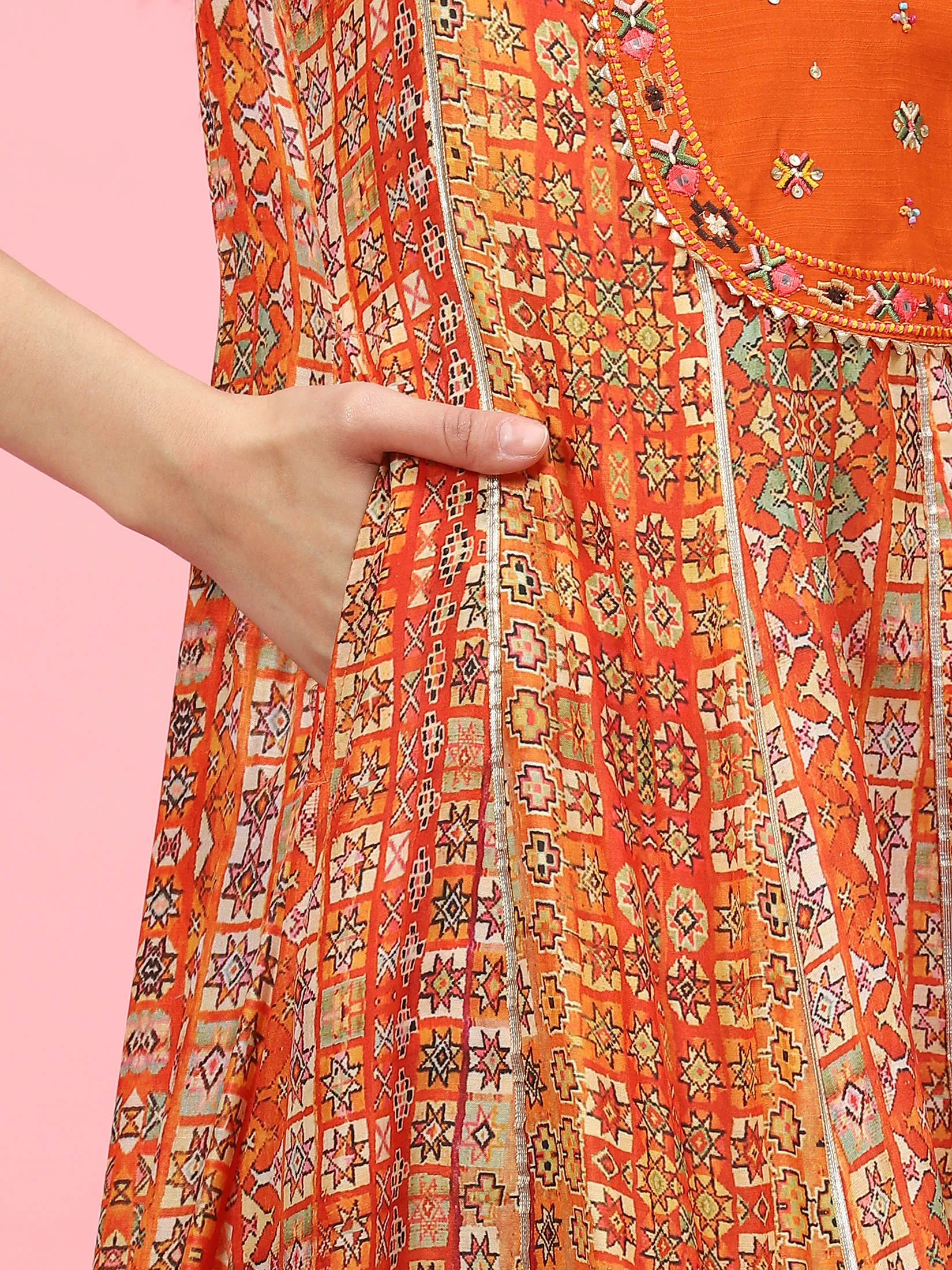 Women Orange Ornamental Printed Kurta Trouser Dupatta