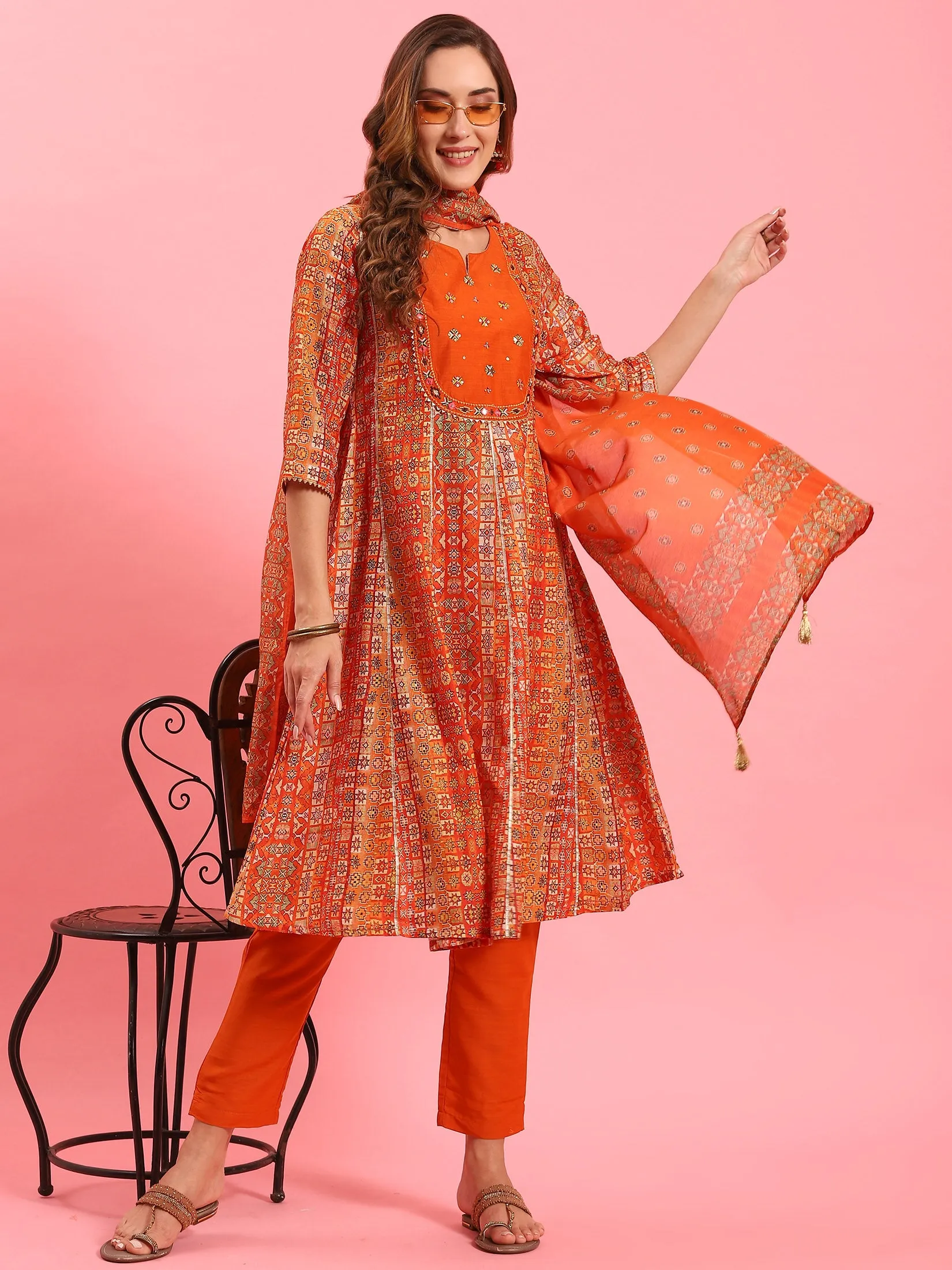 Women Orange Ornamental Printed Kurta Trouser Dupatta