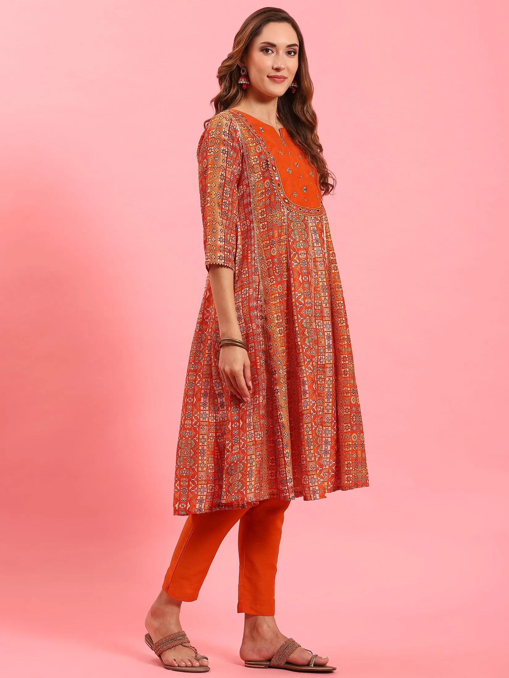 Women Orange Ornamental Printed Kurta Trouser Dupatta