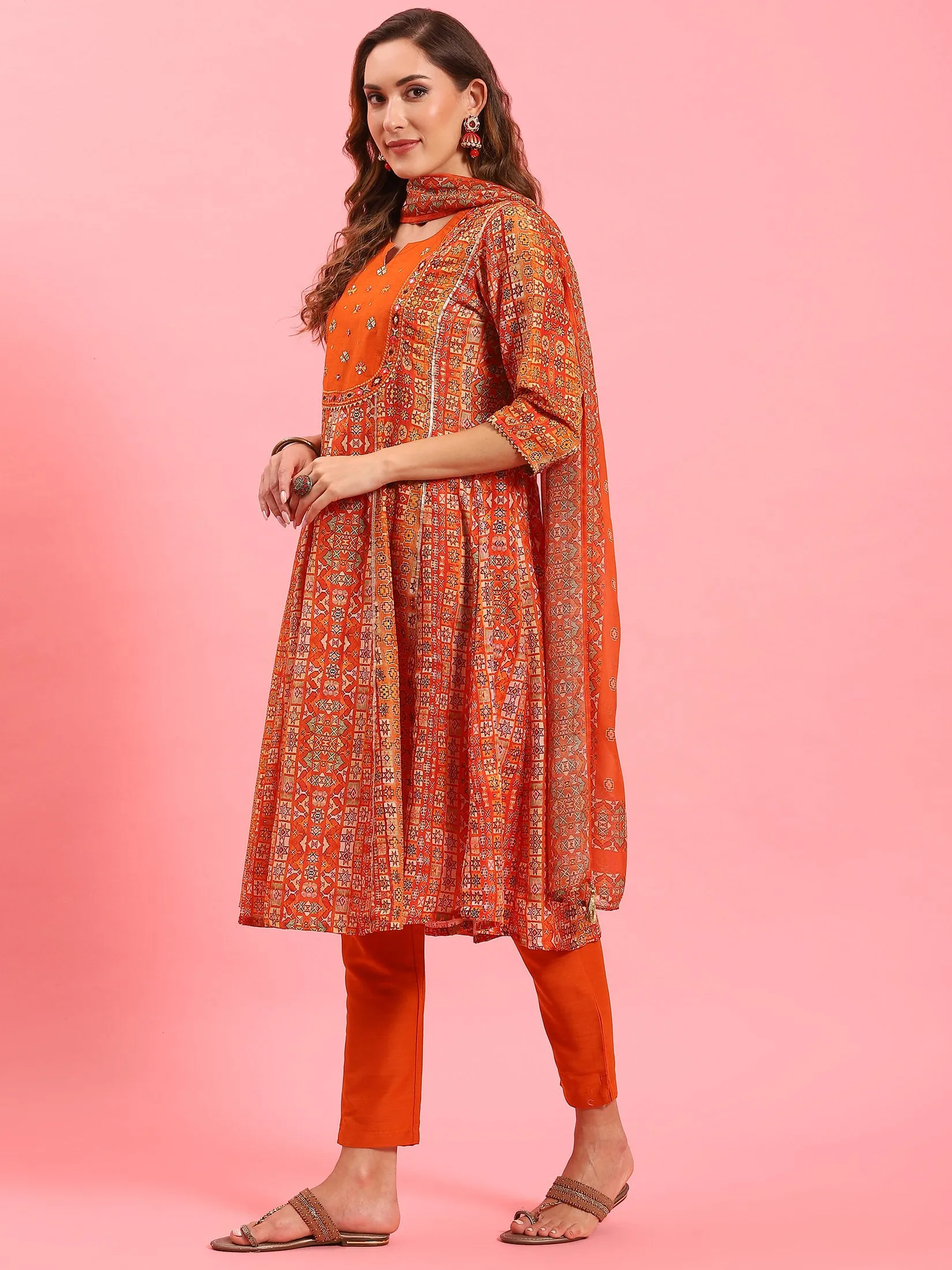 Women Orange Ornamental Printed Kurta Trouser Dupatta