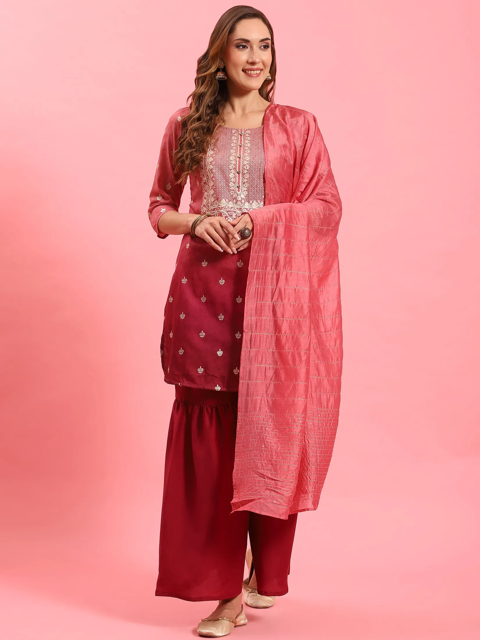 Women Pink Ornamental Printed Kurta Sharara Dupatta