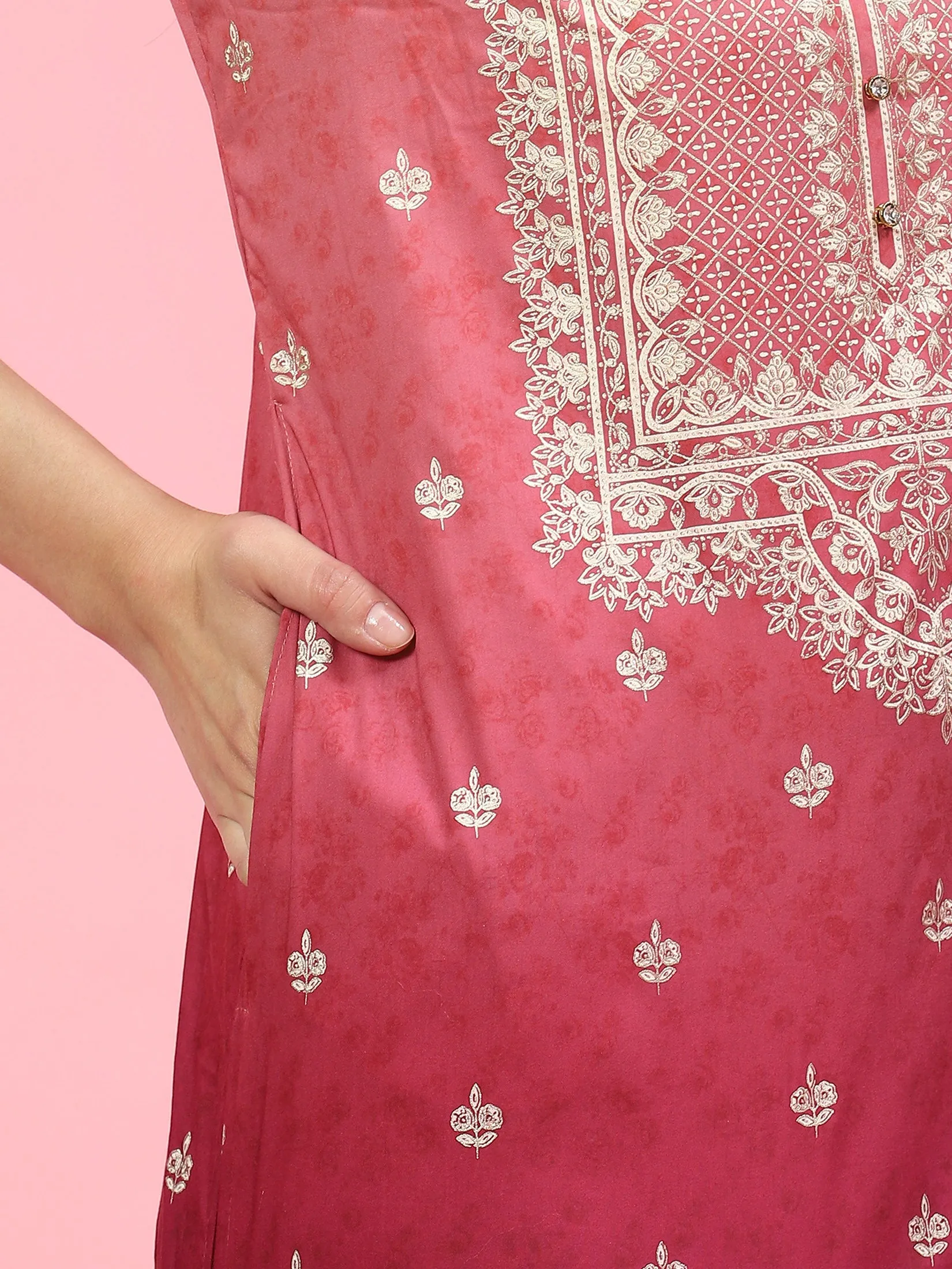 Women Pink Ornamental Printed Kurta Sharara Dupatta