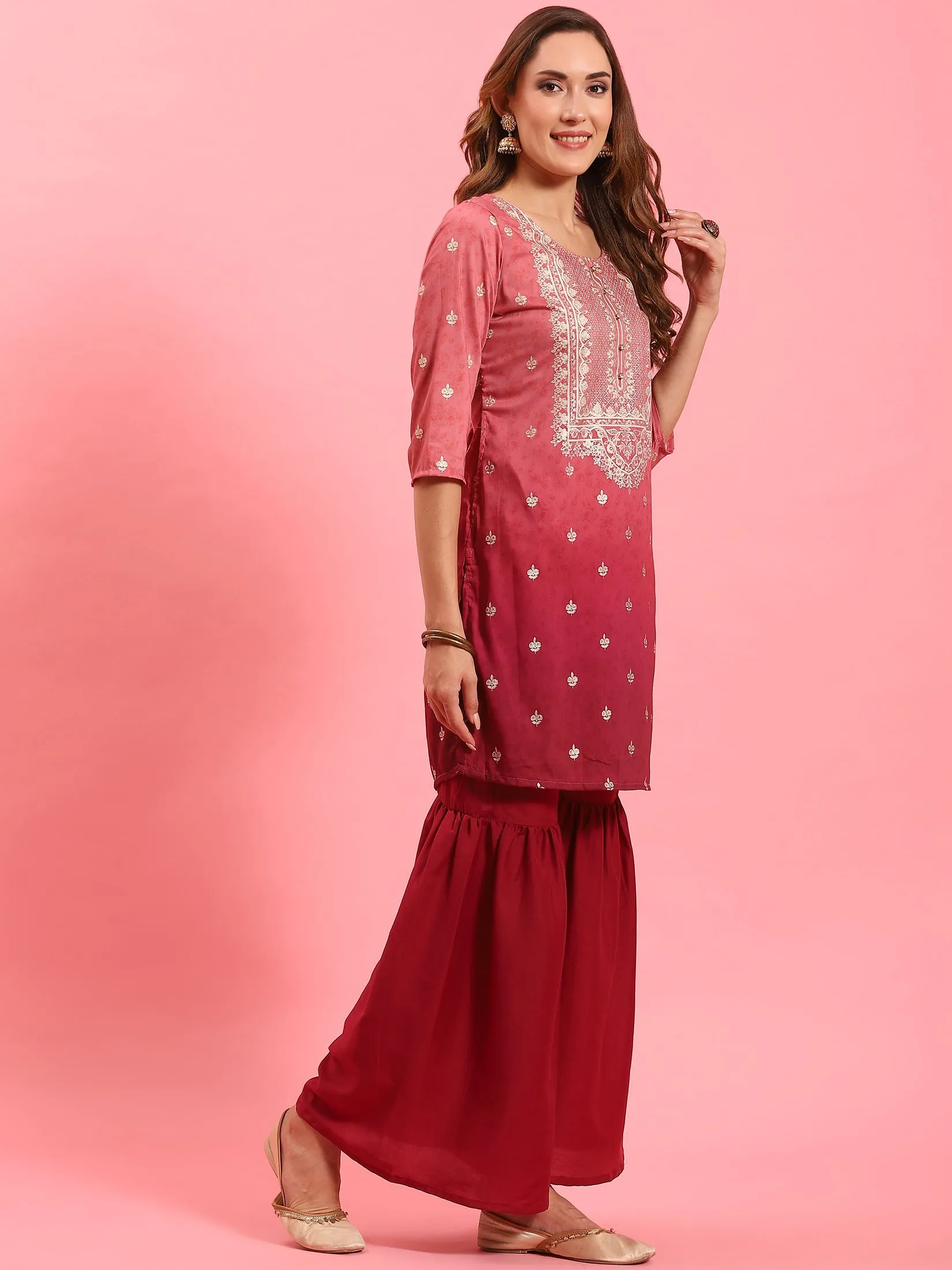 Women Pink Ornamental Printed Kurta Sharara Dupatta