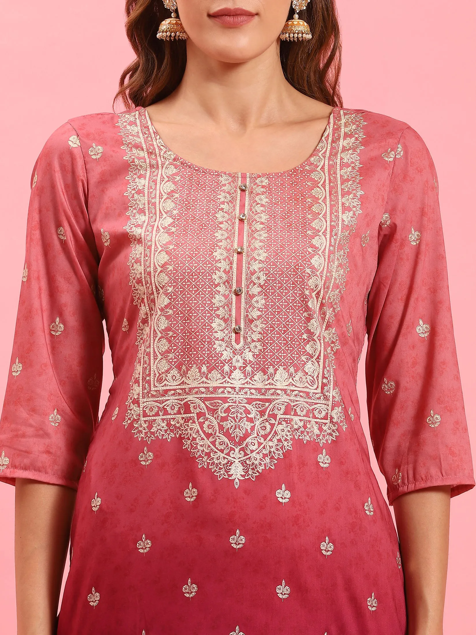 Women Pink Ornamental Printed Kurta Sharara Dupatta