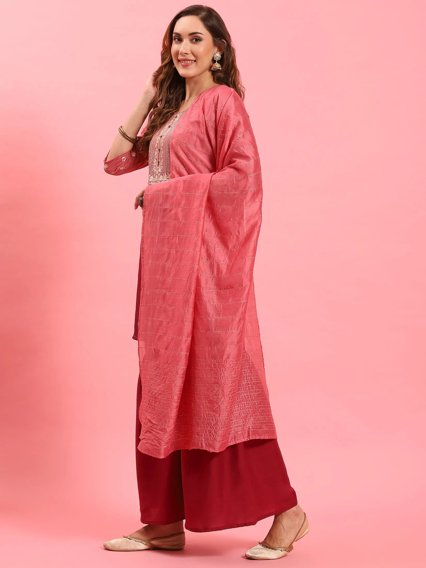 Women Pink Ornamental Printed Kurta Sharara Dupatta