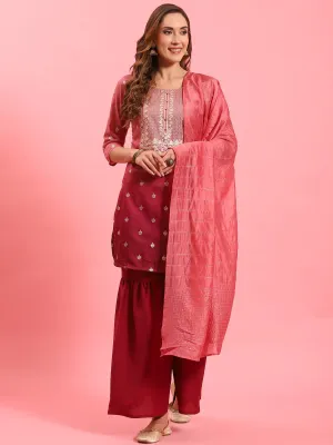 Women Pink Ornamental Printed Kurta Sharara Dupatta