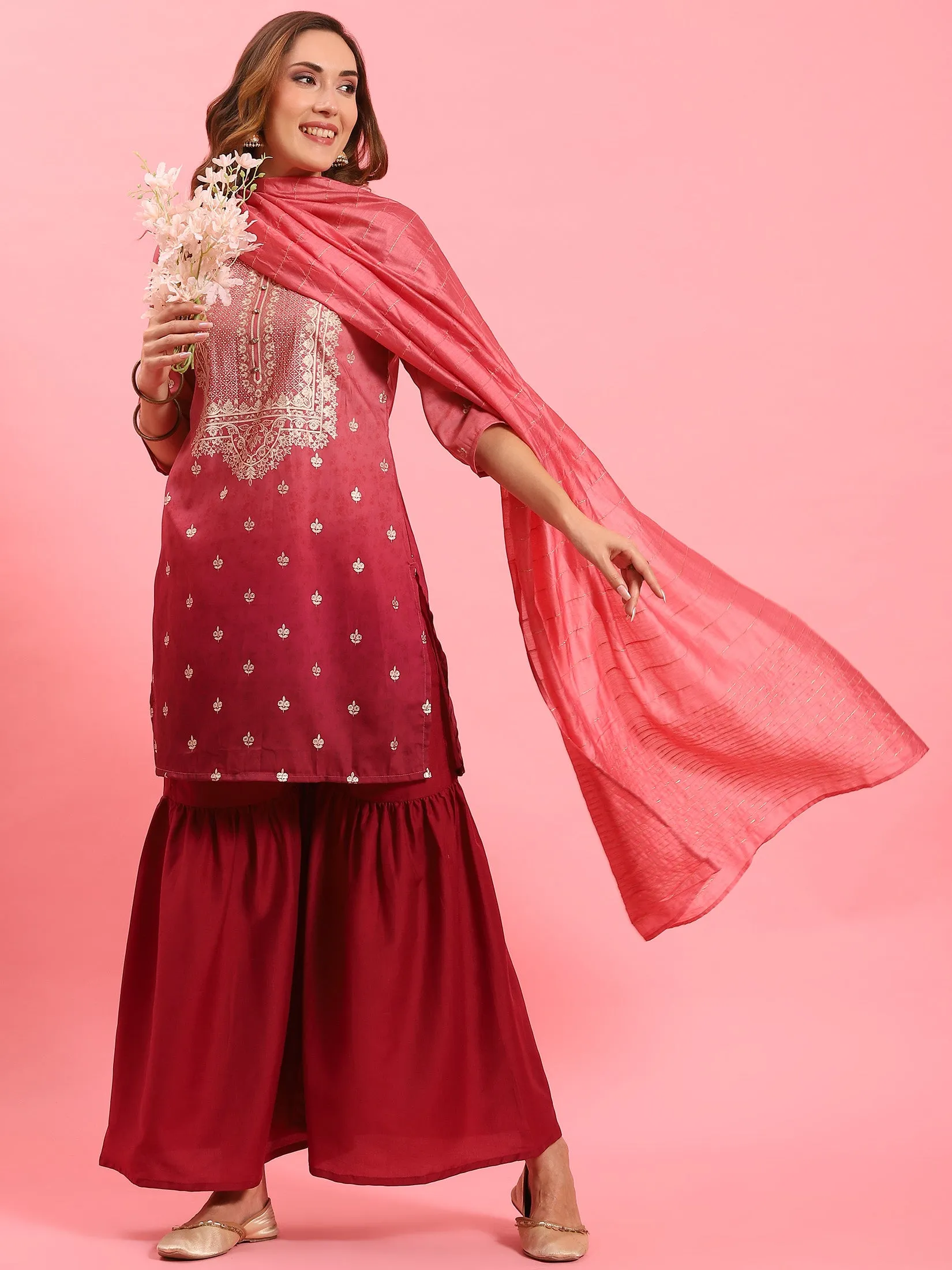 Women Pink Ornamental Printed Kurta Sharara Dupatta