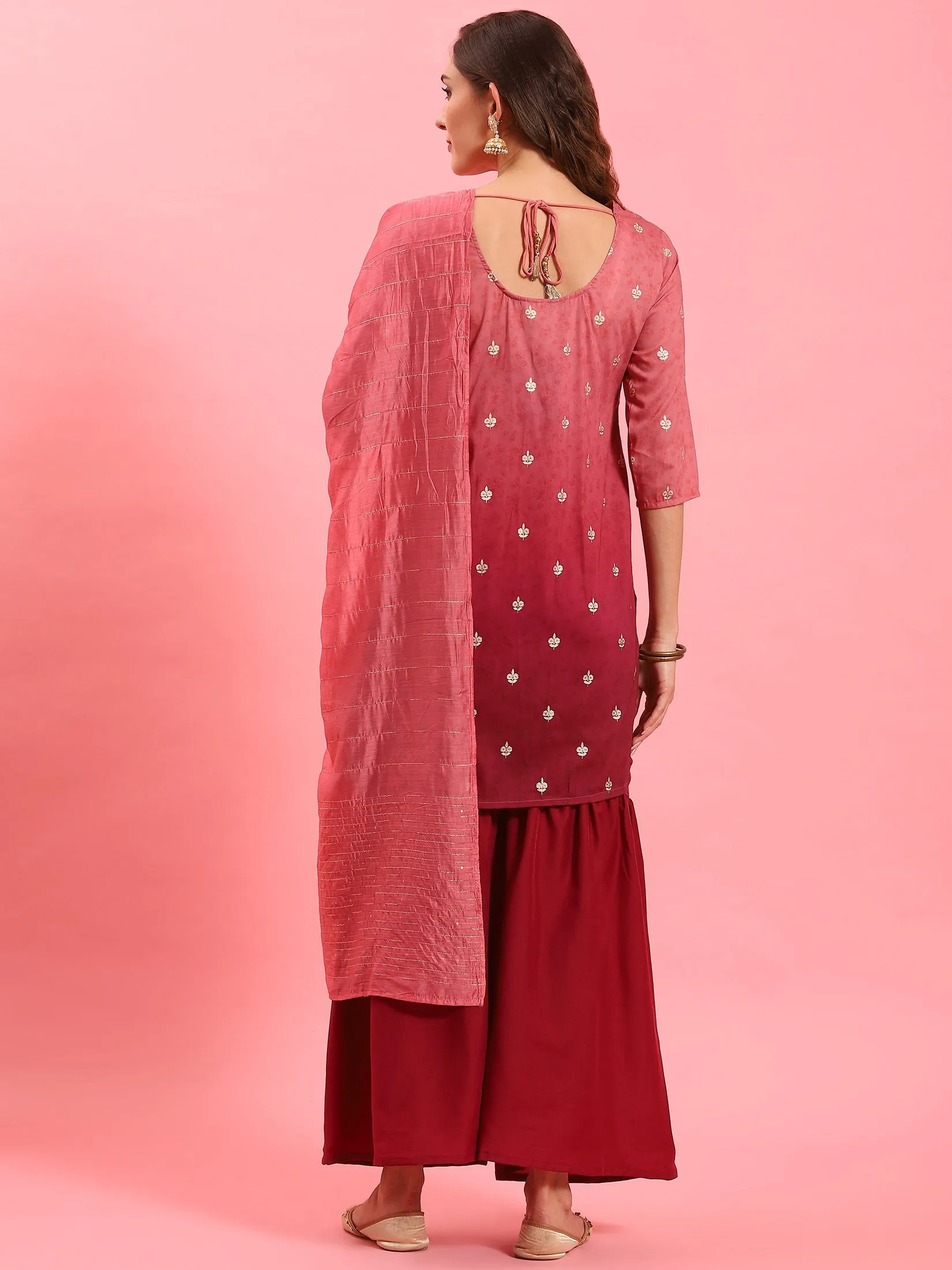 Women Pink Ornamental Printed Kurta Sharara Dupatta