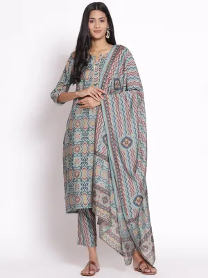 Women Sky Blue Ornamental Printed Kurta Trouser Dupatta