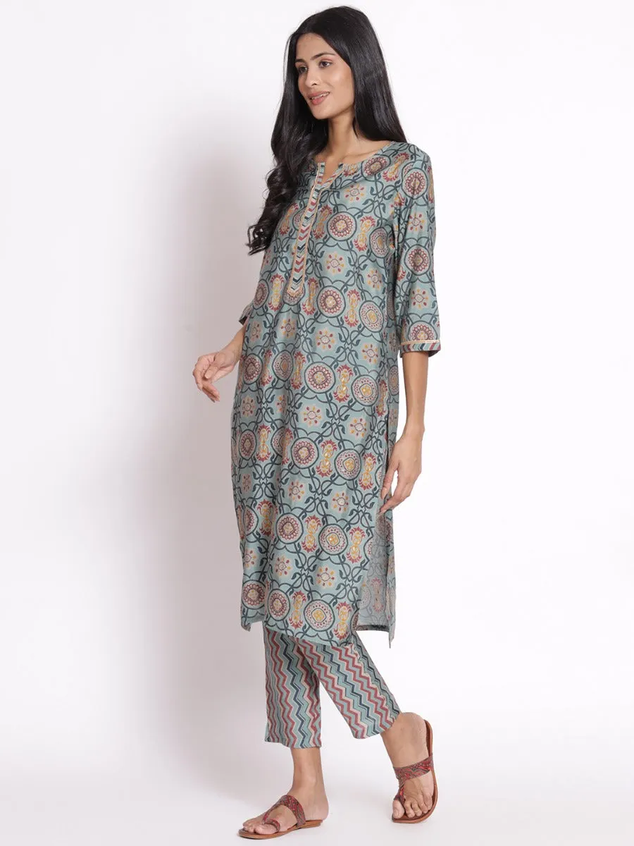Women Sky Blue Ornamental Printed Kurta Trouser Dupatta