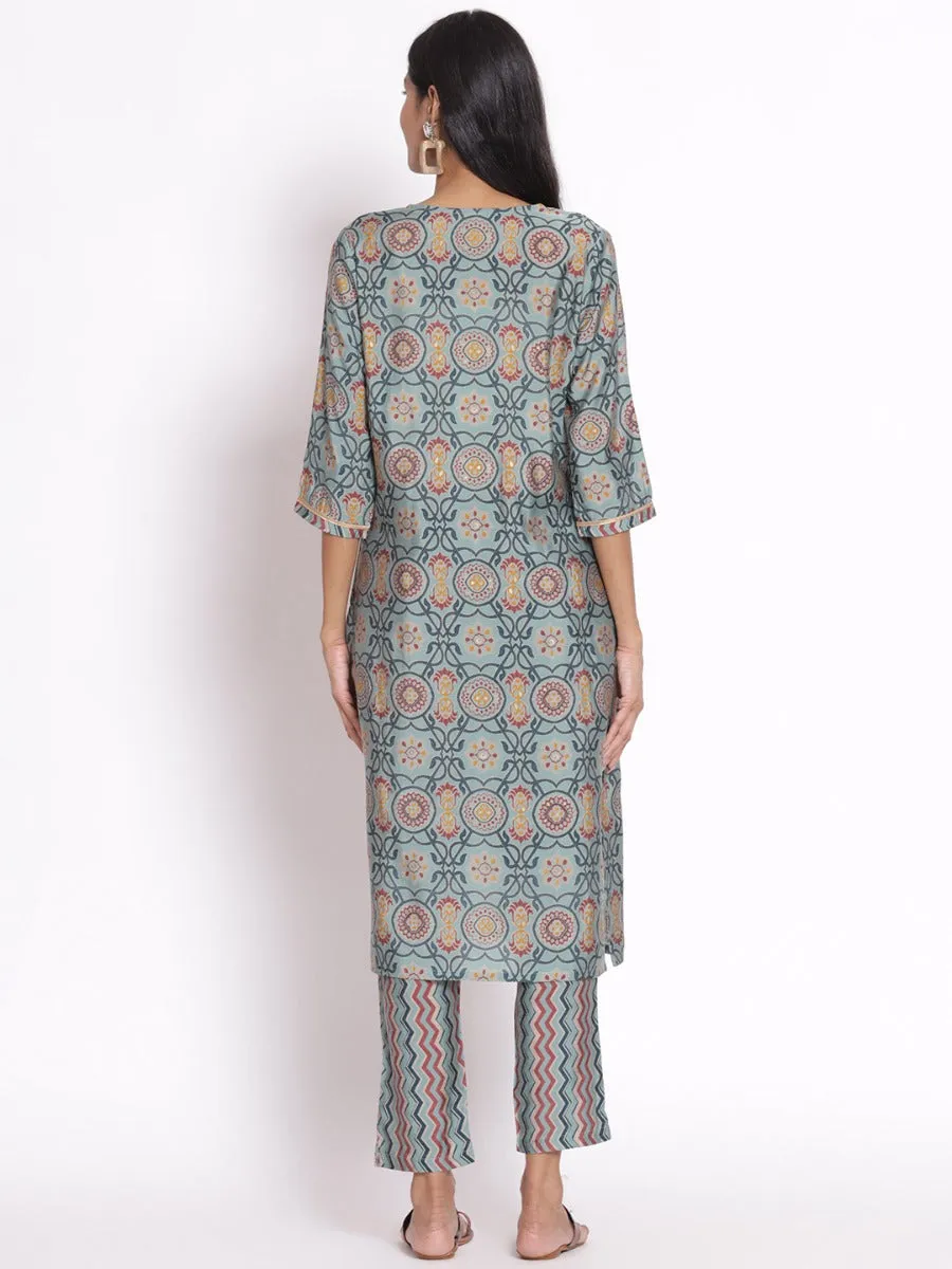 Women Sky Blue Ornamental Printed Kurta Trouser Dupatta